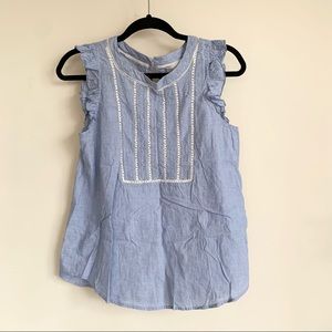 LOFT chambray cutout ruffle shell in blue geyser